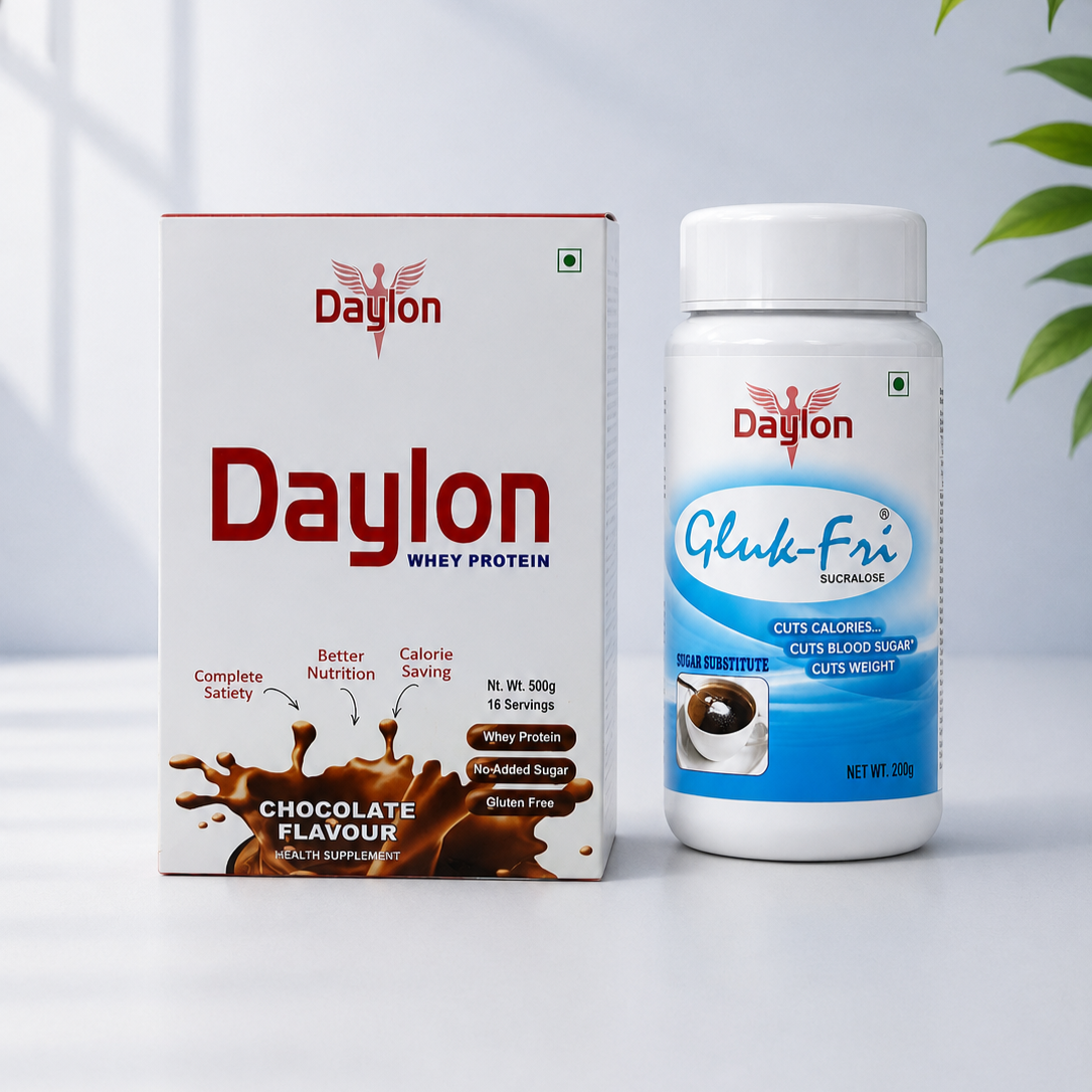 Whey Protein 500g Chocolate Flavour + Daylon Health Care Gluk Fri (200 Gm) - Sugar Free Sucralose Powder Combo